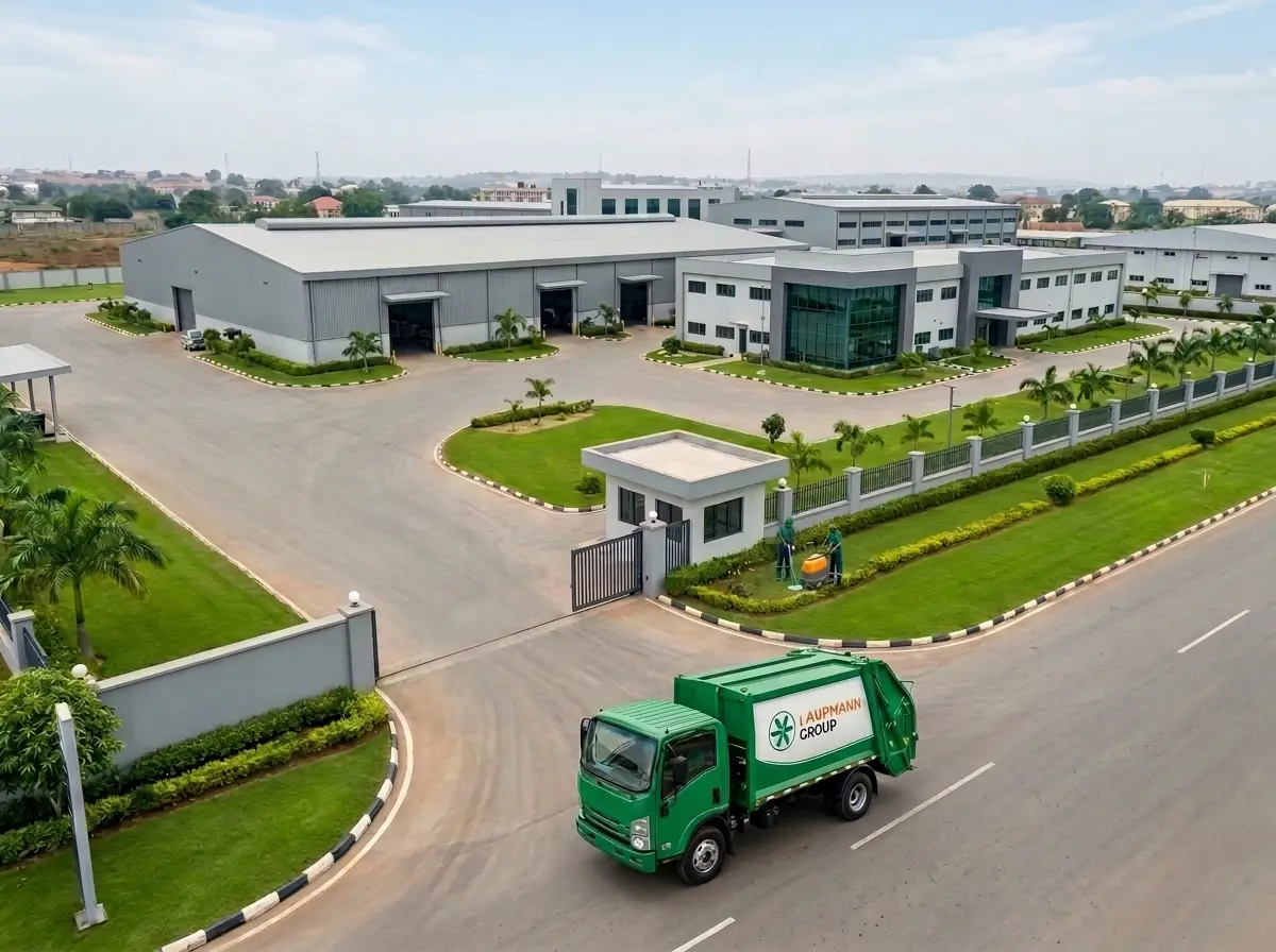 An industrial facility maintained by Laurmann Group, with a waste-collection vehicle and grounds crew
