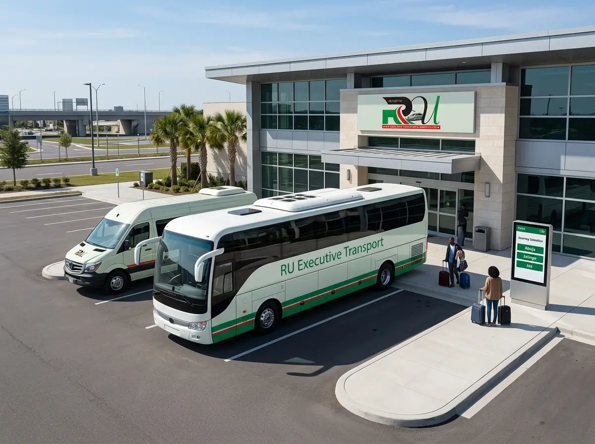 An RU Executive Transport coach and shuttle at a modern terminal, beside a digital journey-selection display